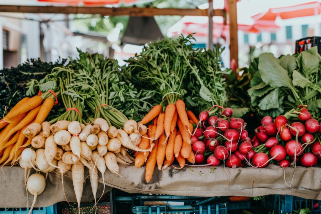 fresh vegetables display market stall radishes carrots leafy greens arrangement scaled